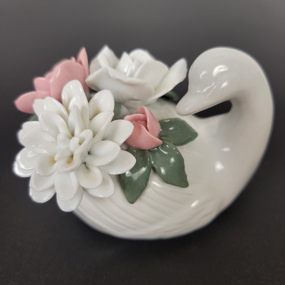 Vintage White‎ Porcelain Swan Figurine with Applied Pink Roses & White Flowers